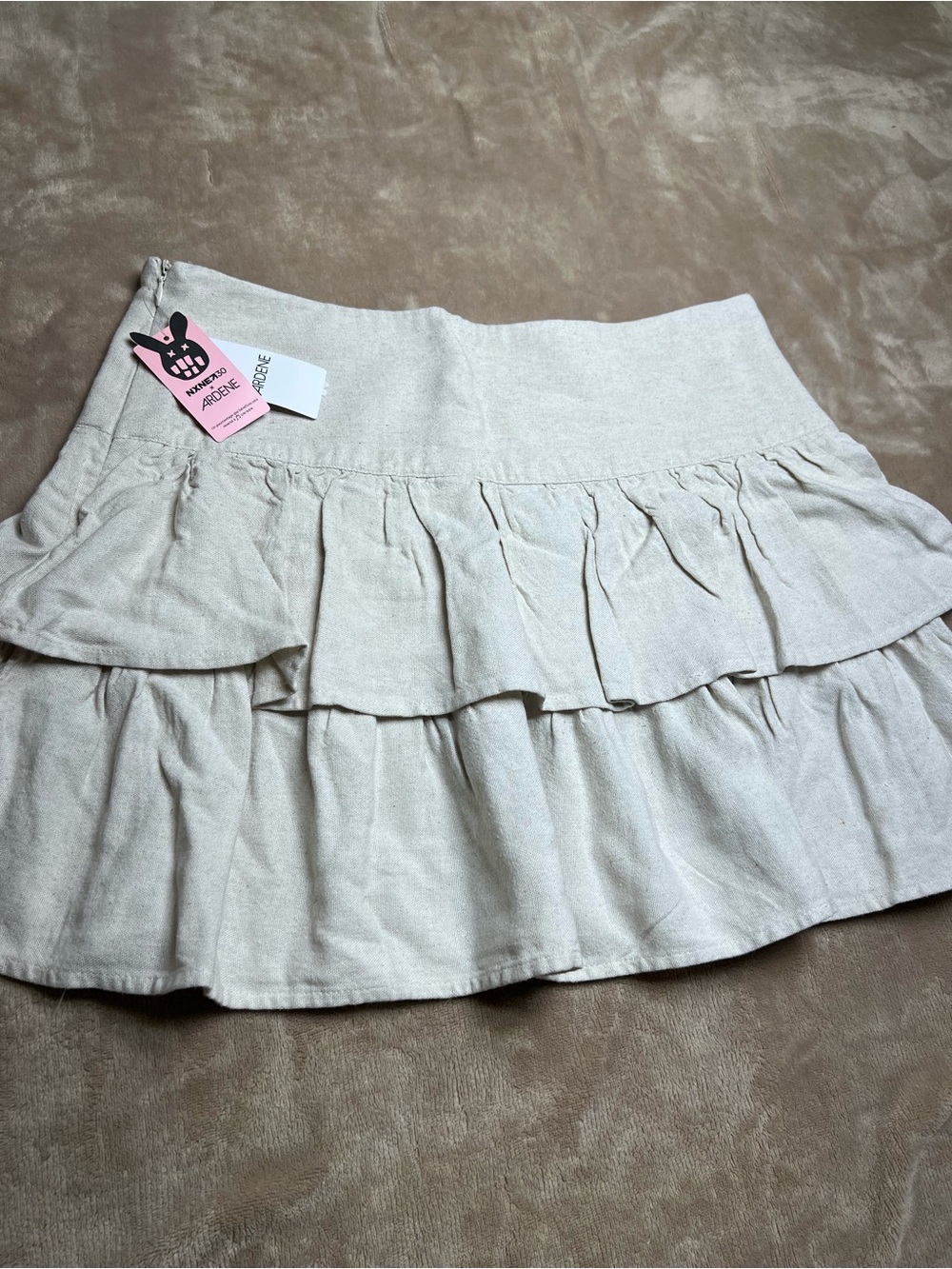 ARDENE Beige Tiered Ruffle Linin-Blend High-Rise Mini Skirt - Sz Small